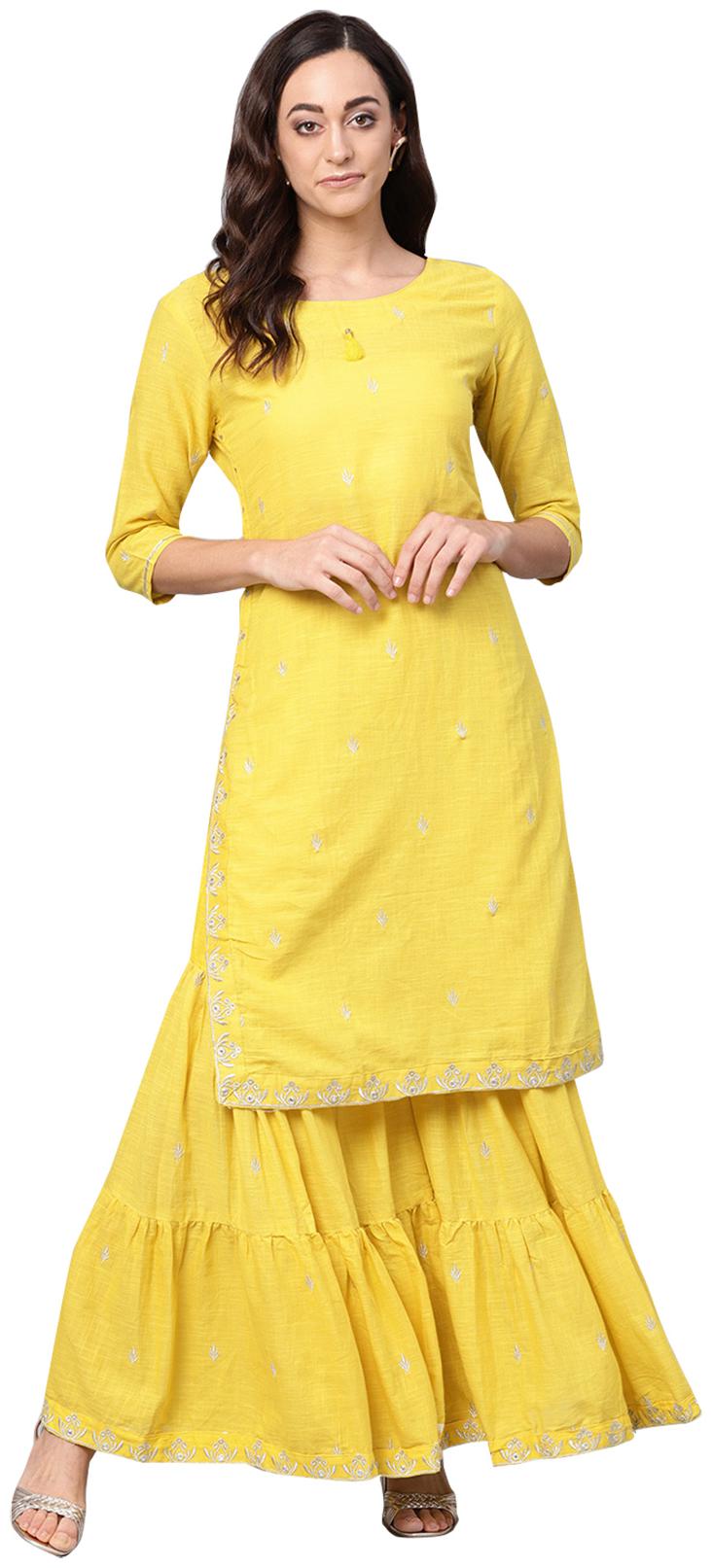

Ishin Cotton Floral Yellow Kurta Sharara