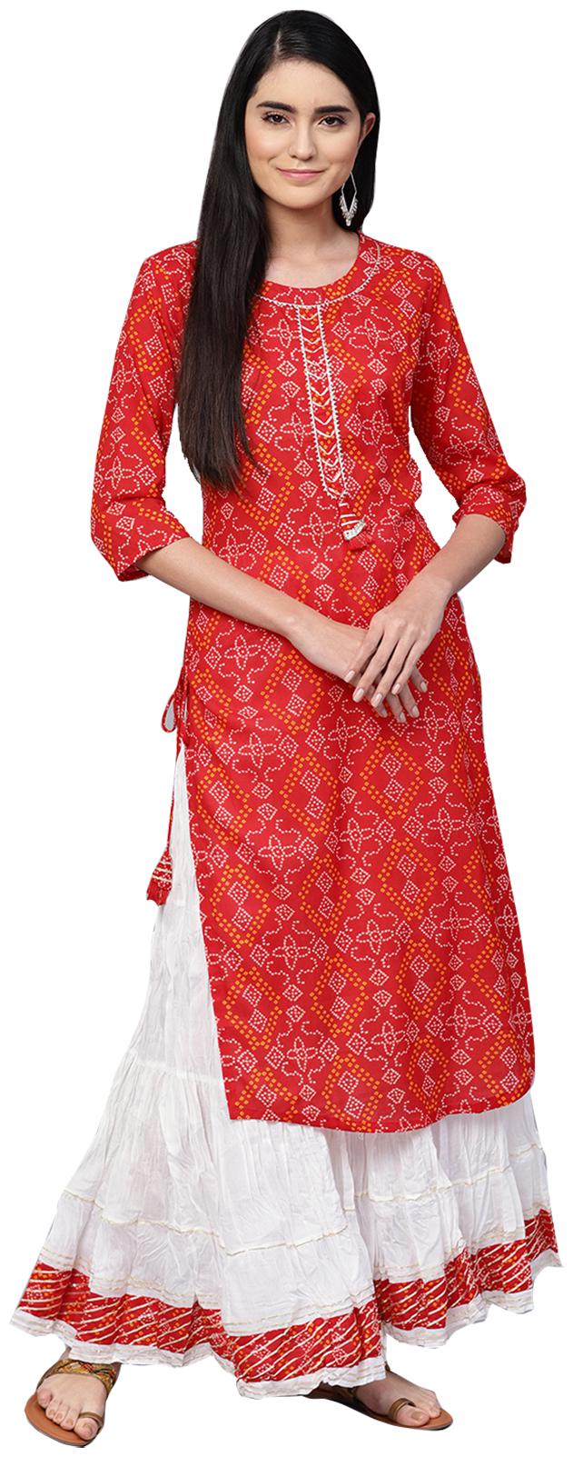 

Ishin Cotton Bandhani Red Kurta With Skirt