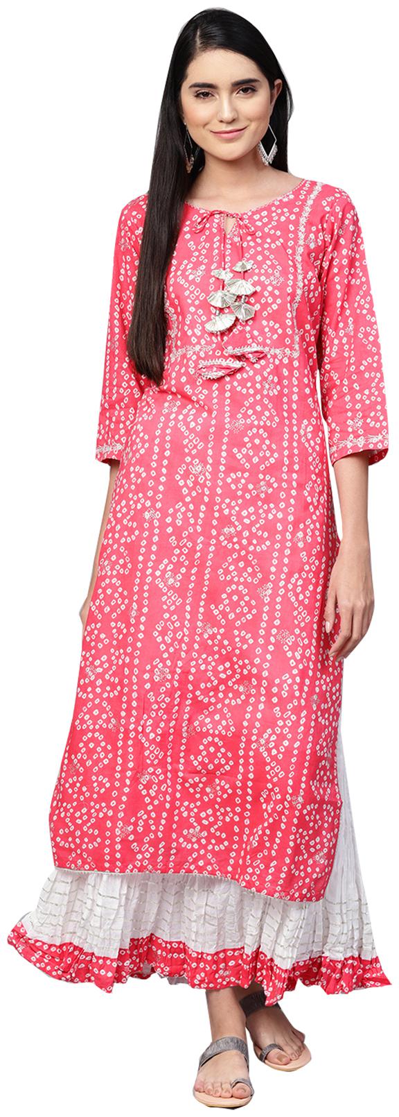 

Ishin Cotton Bandhani Pink Kurta With Skirt