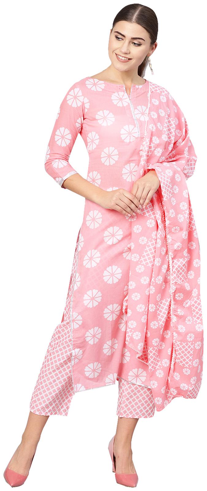 

Ishin Cotton Printed Pink Kurta With Palazzo Dupatta