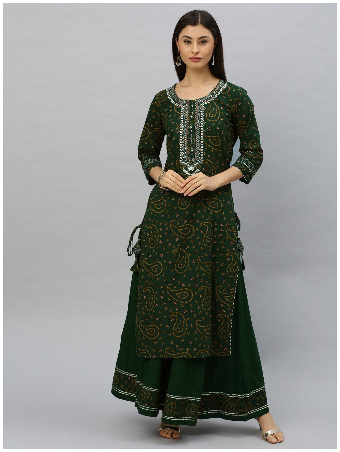 

Ishin Cotton Green Embroidered Kurta Sharara For Women