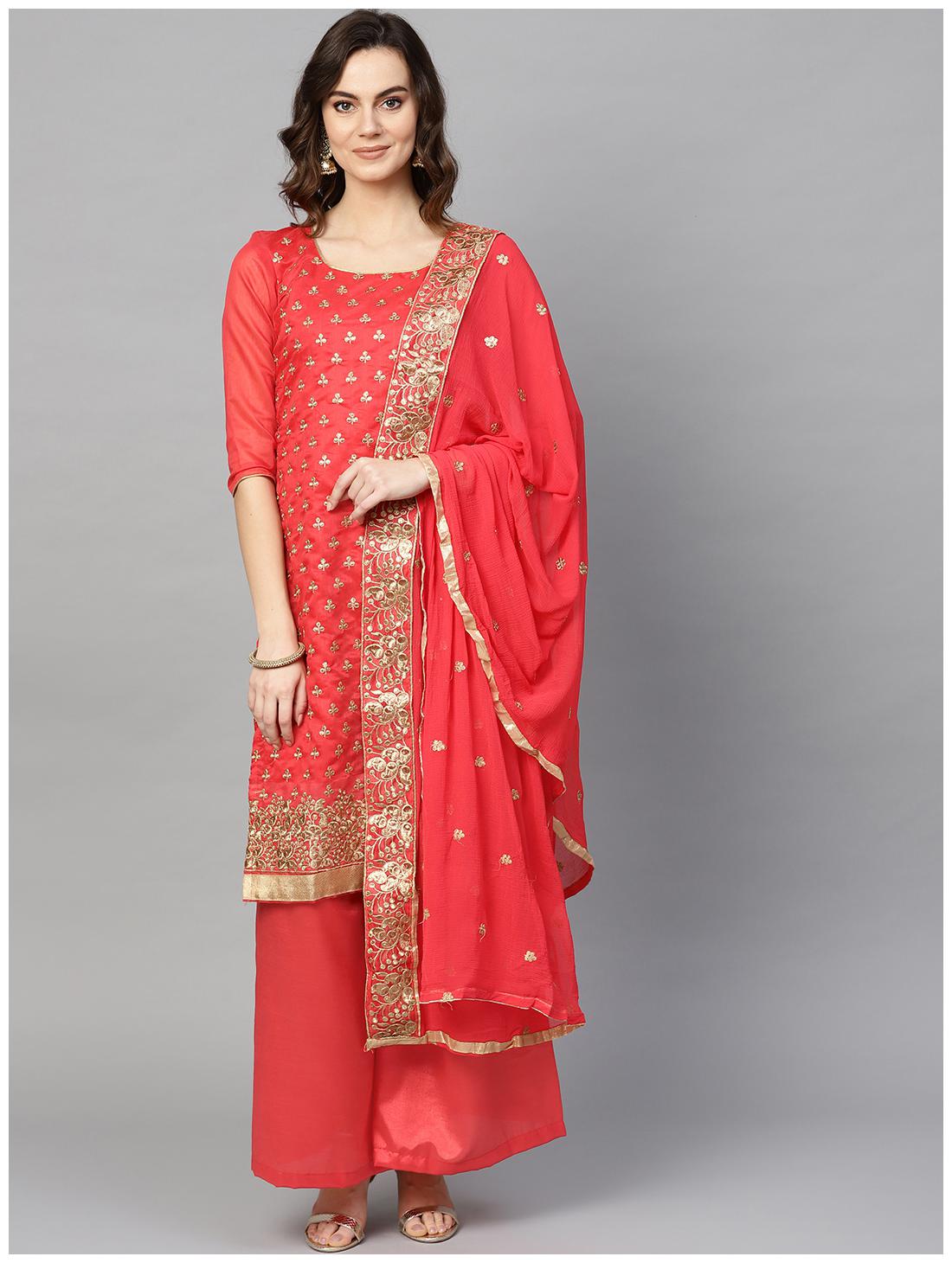 

Ishin Red Unstitched Kurta with bottom dupatta With dupatta Dress Material