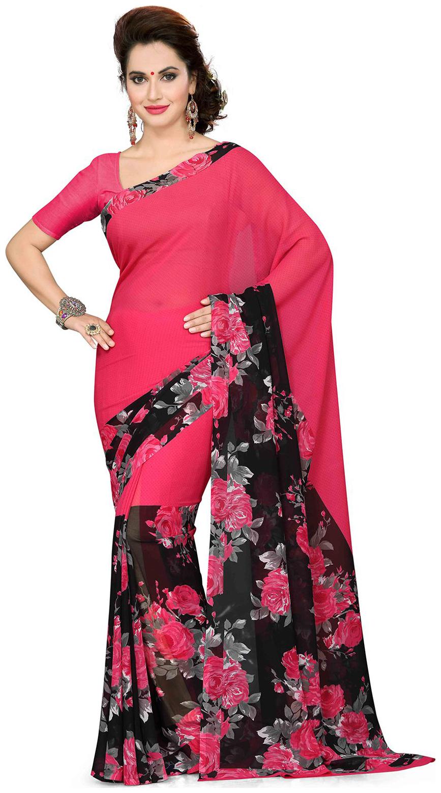 

Ishin Faux Georgette Pink Black Printed Women s Saree