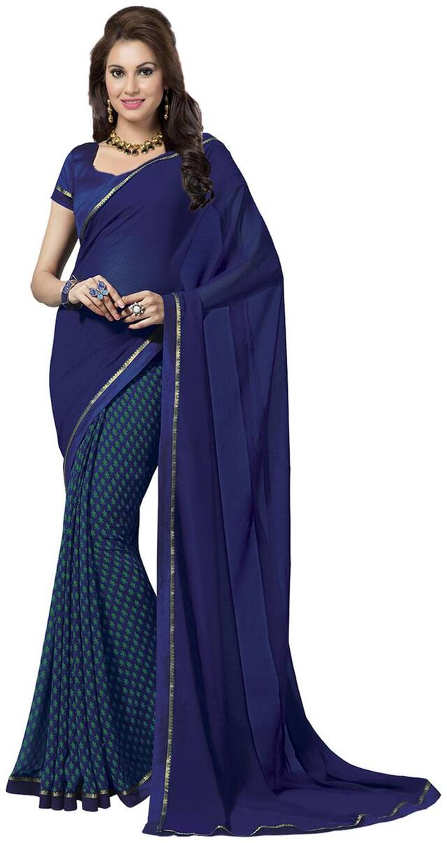 Ishin Blue Solid Universal Regular Saree With Blouse , With blouse