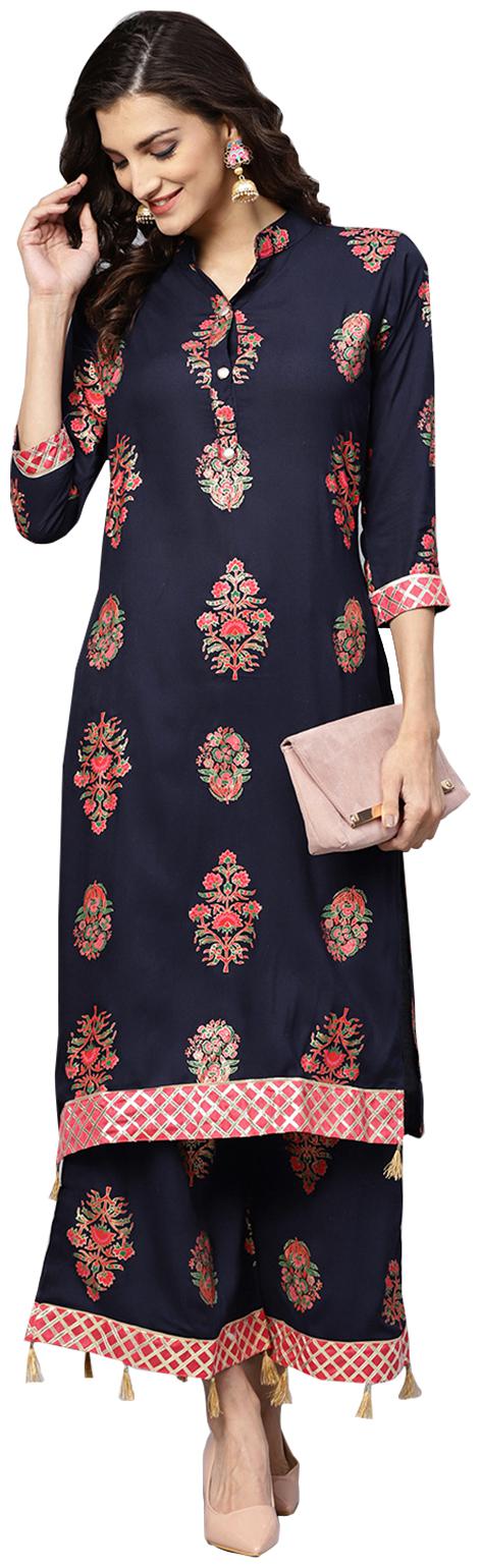 

Ishin Kurta With Palazzo Women Rayon Floral Navy Blue