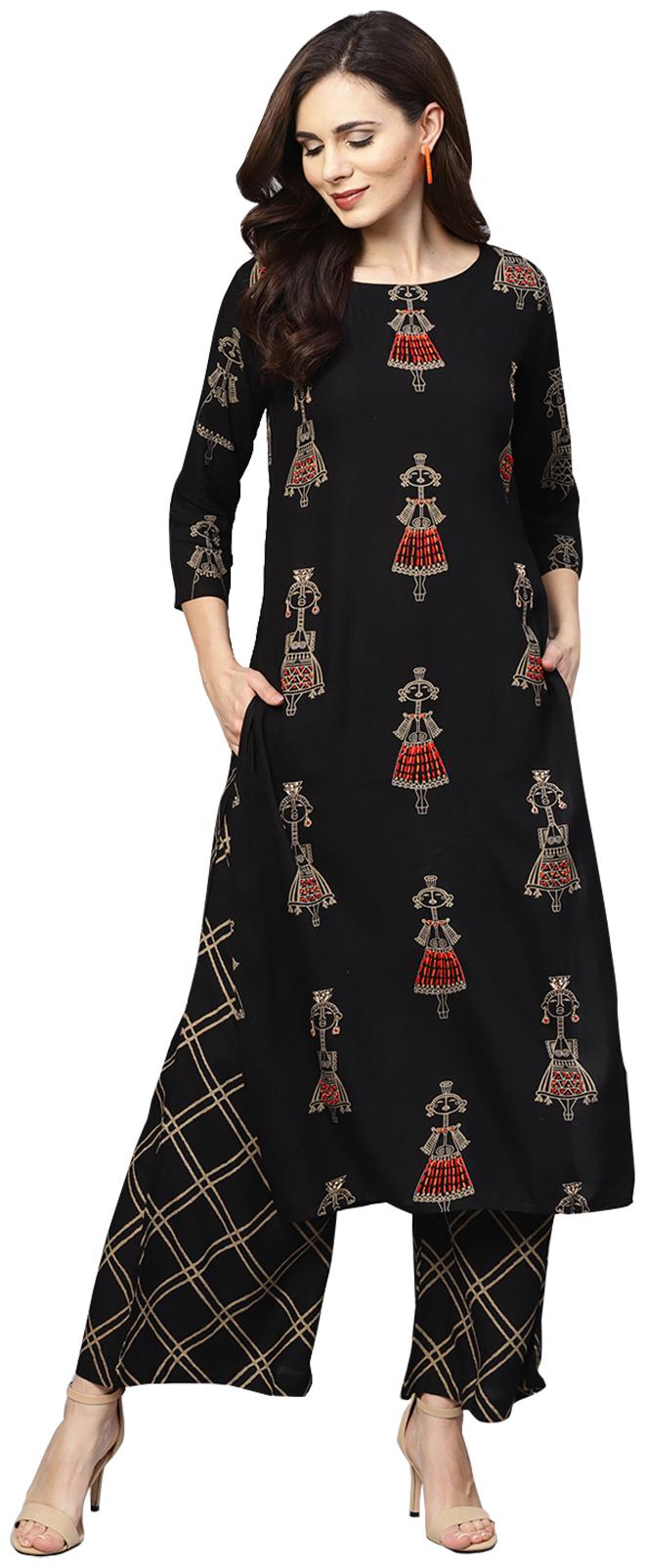 

Ishin Kurta With Palazzo Women Rayon Ethnic Motifs Black