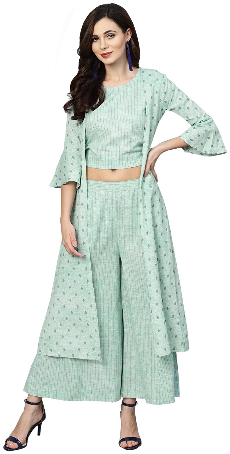 

Ishin Kurta With Palazzo Women Cotton Ethnic Motifs Green