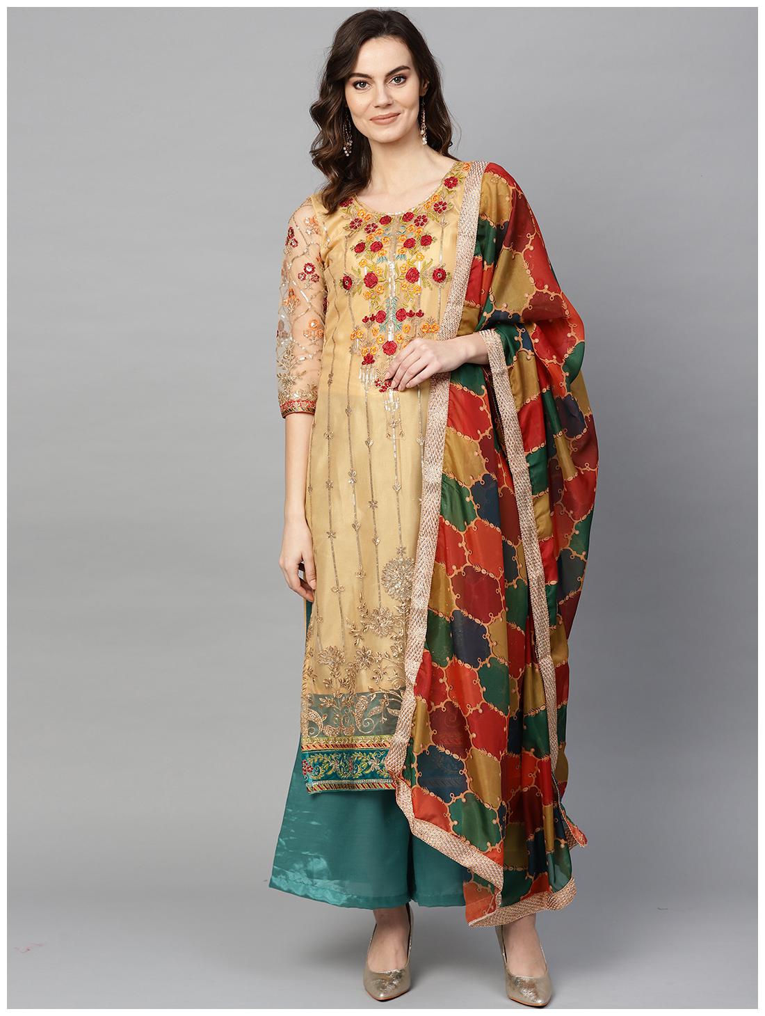 

Ishin Beige Unstitched Kurta with bottom dupatta With dupatta Dress Material