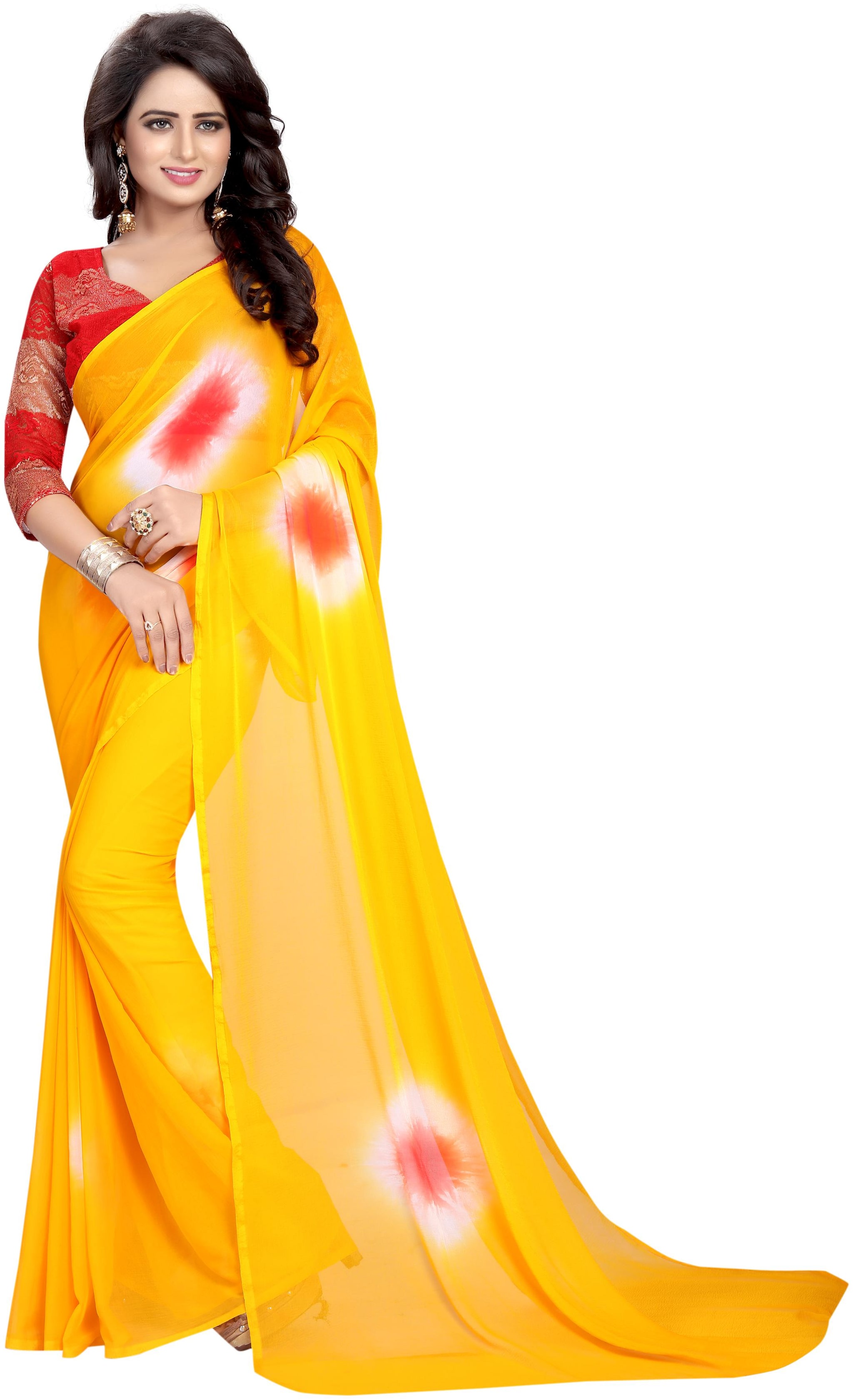 

Ishin Poly Chiffon Yellow Printed Women Saree With Lace
