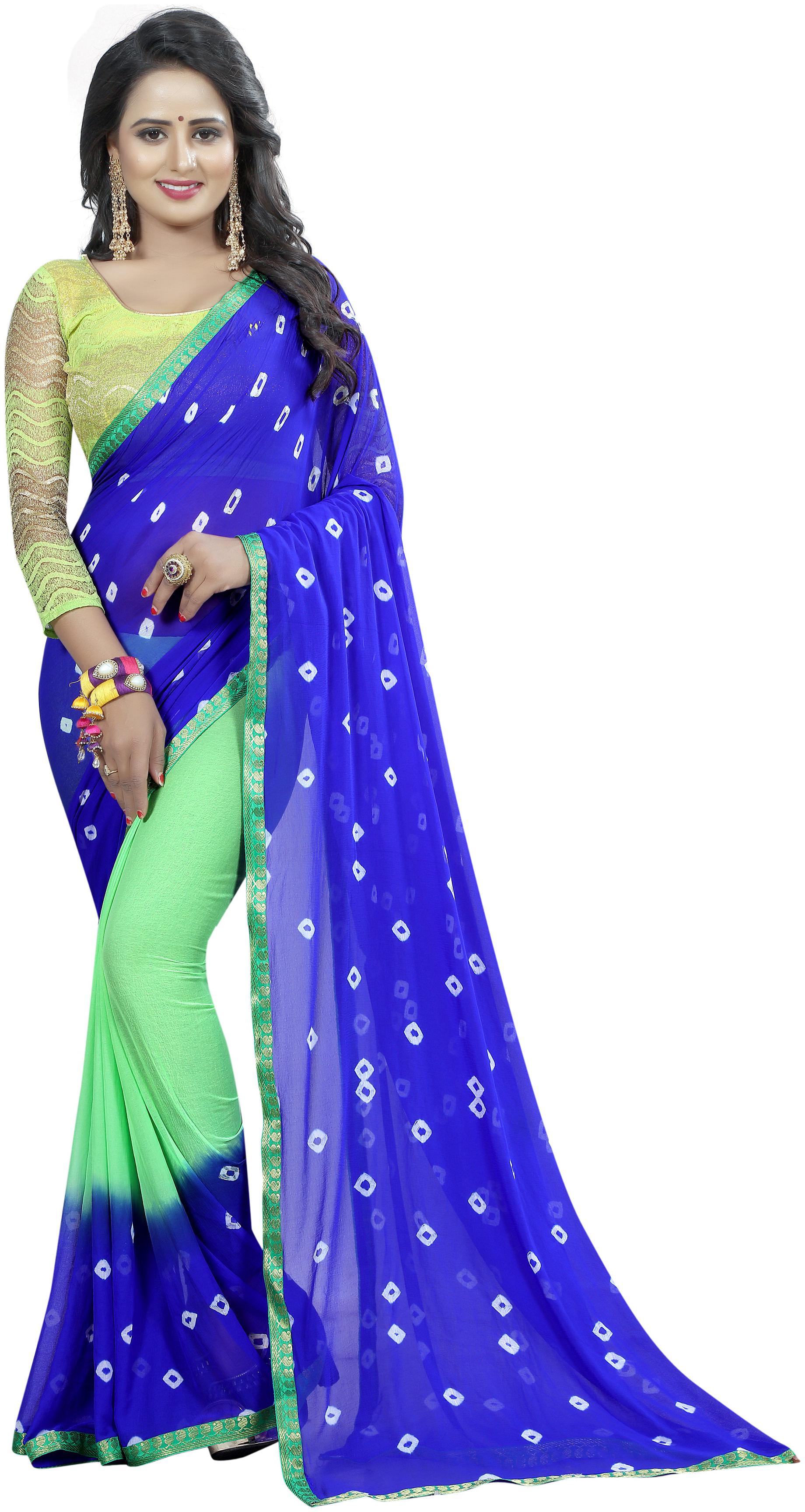 

Ishin Poly Chiffon Green Blue Bandhani Printed Women Saree With Lace