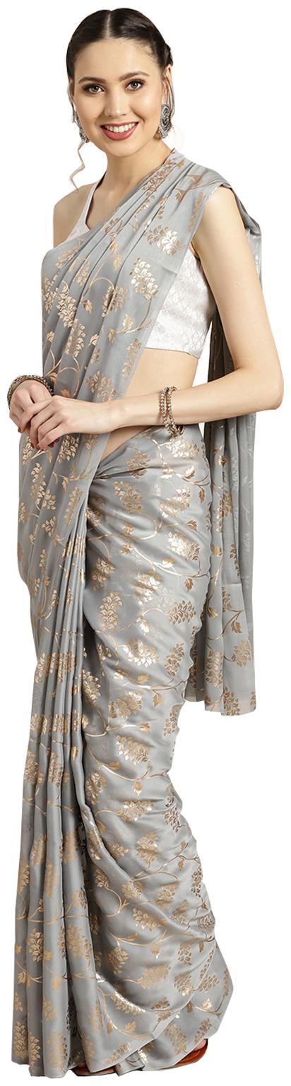 

Ishin Poly Georgette Grey Foil Printed Women Saree