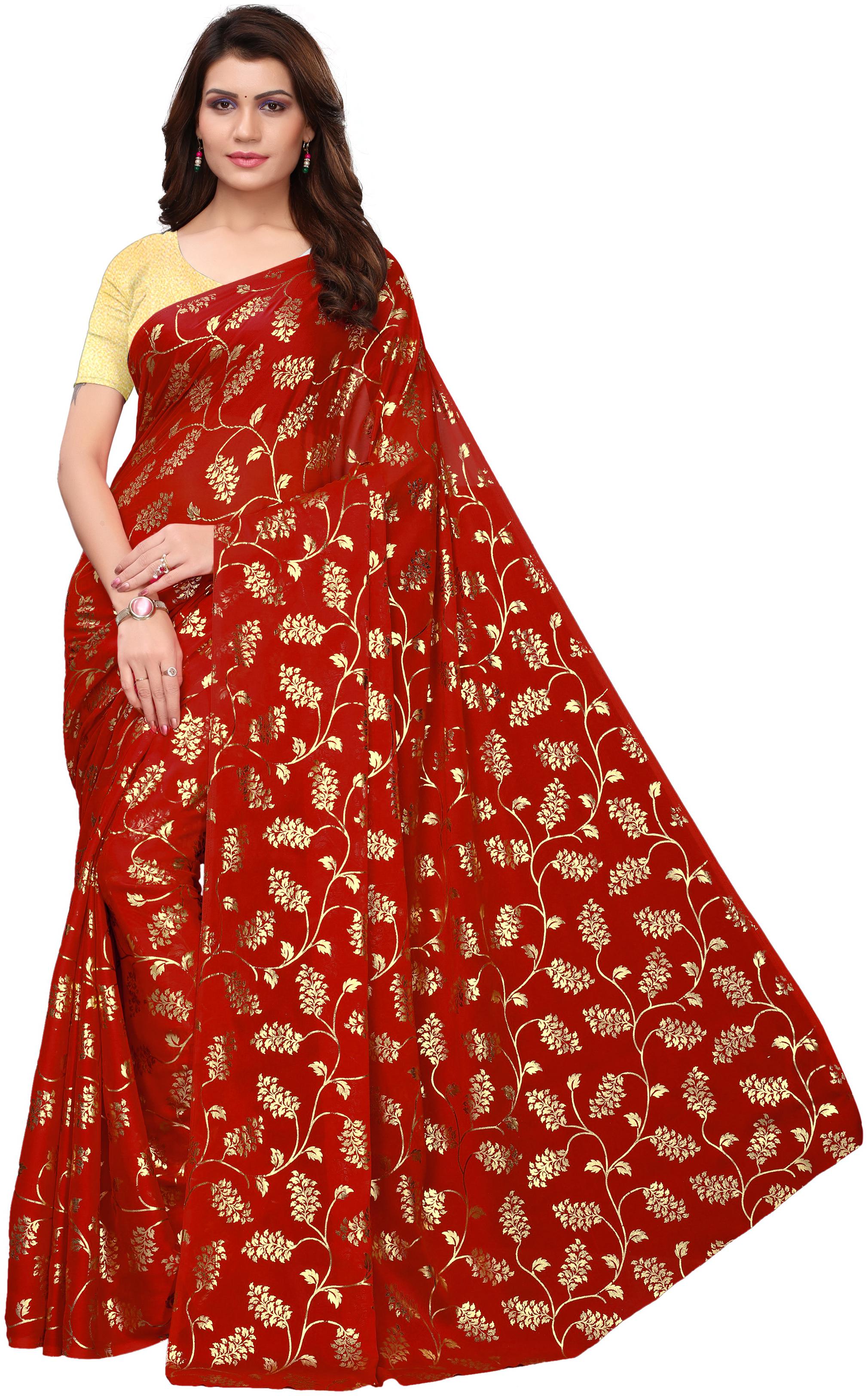 

Ishin Poly Georgette Red Foil Printed Women Saree
