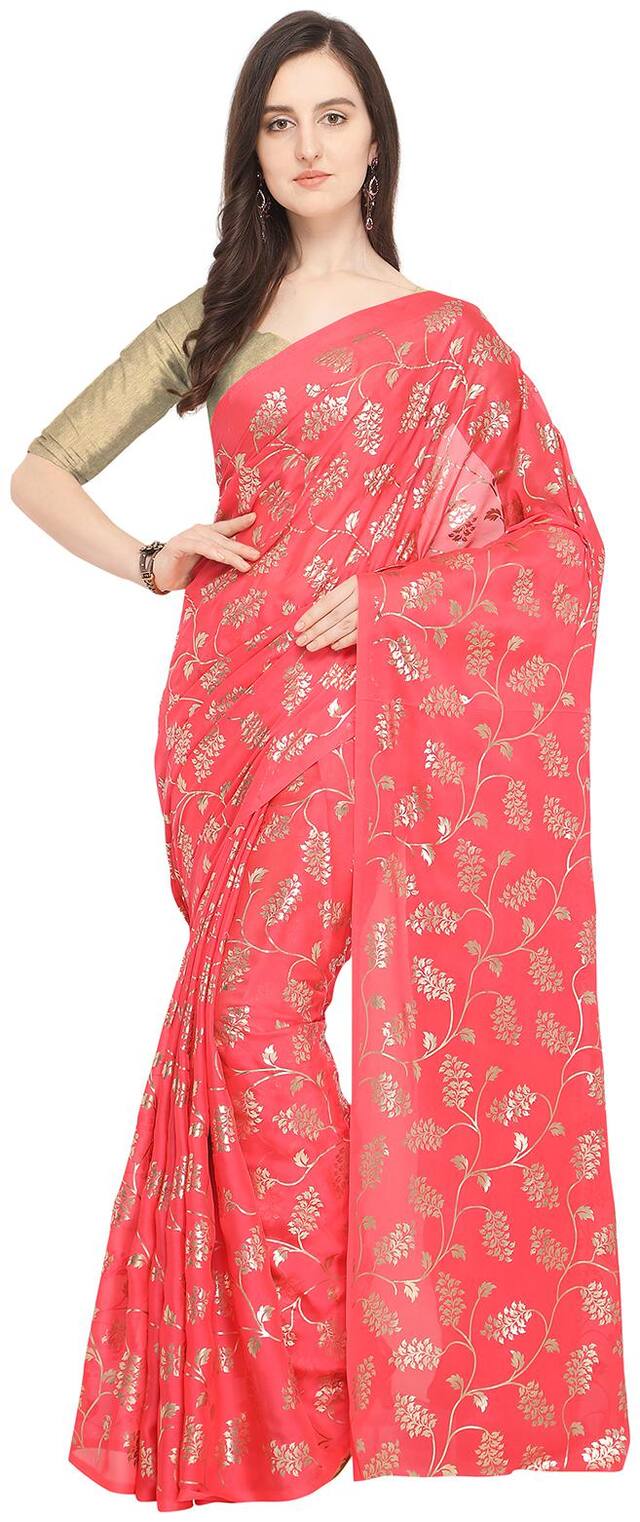 Ishin Poly Georgette Pink Foil Printed Womens Saree