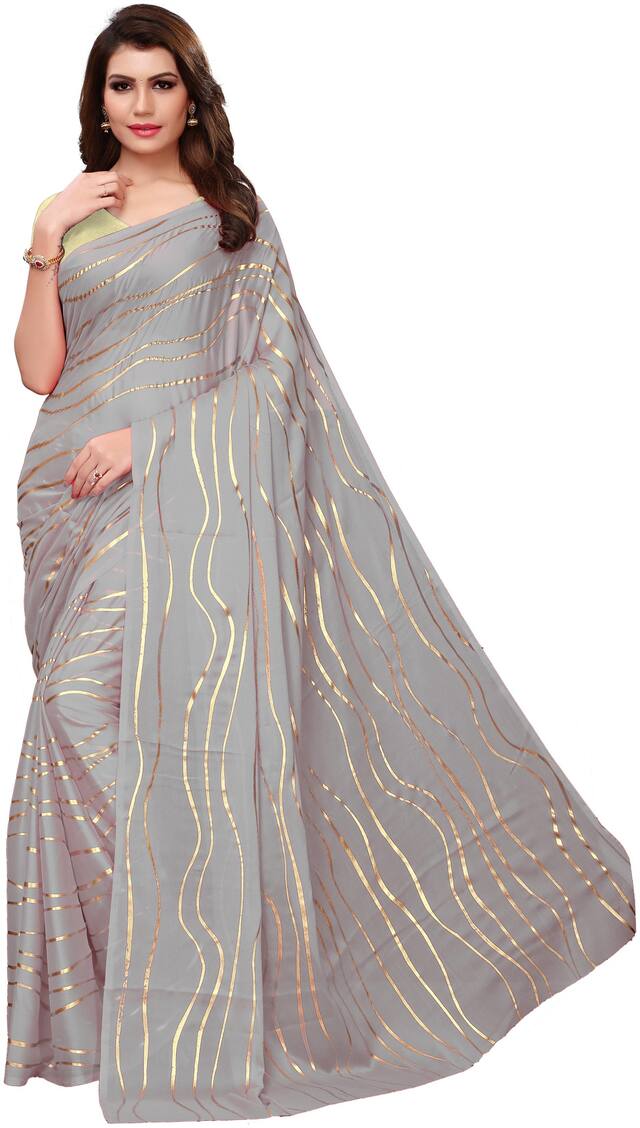 Ishin Poly Georgette Grey Lehariya Printed Women Saree