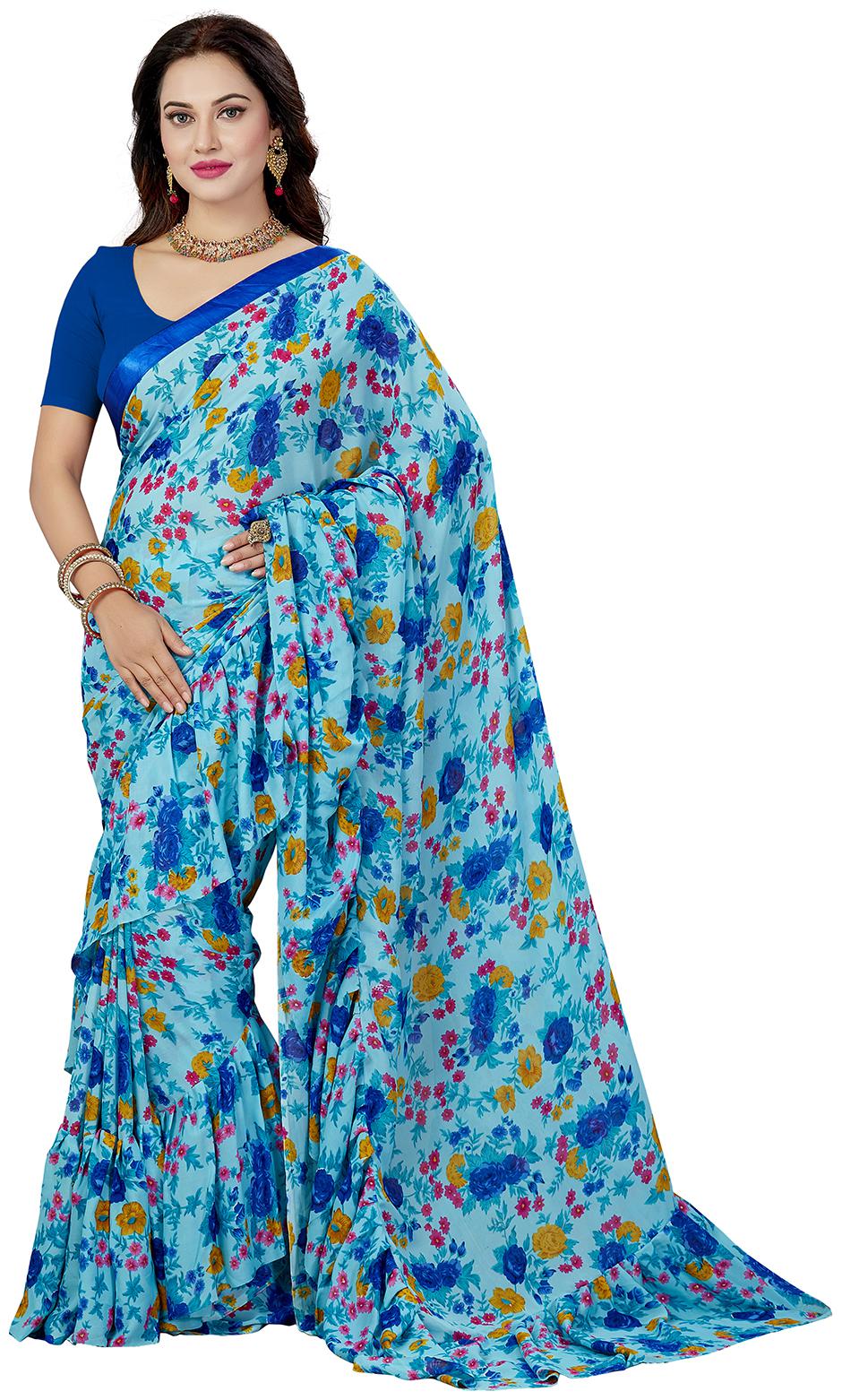

Ishin Poly Georgette Blue Printed Women Saree With Ruffle