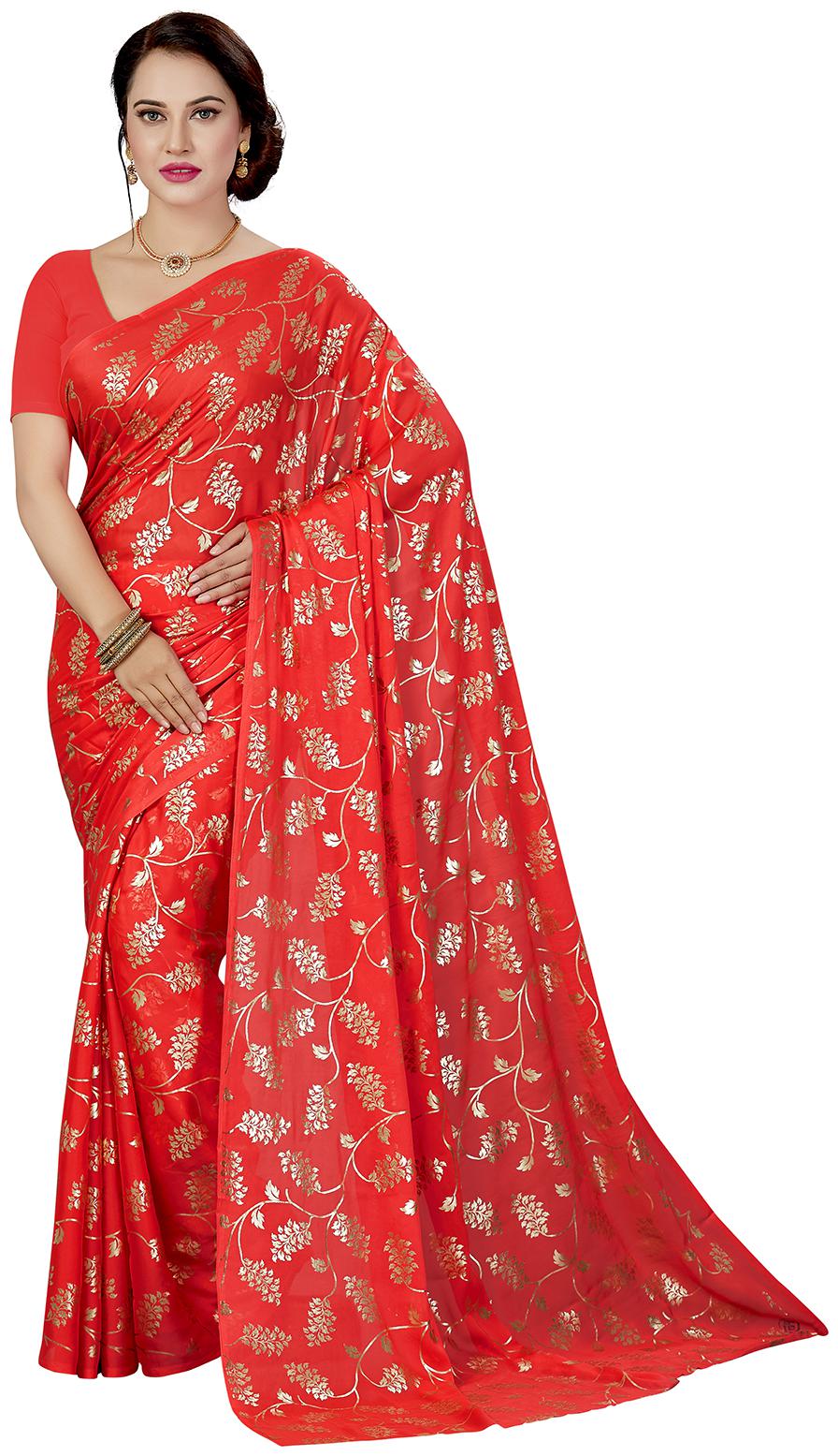 

Ishin Poly Georgette Red Foil Printed Women Saree