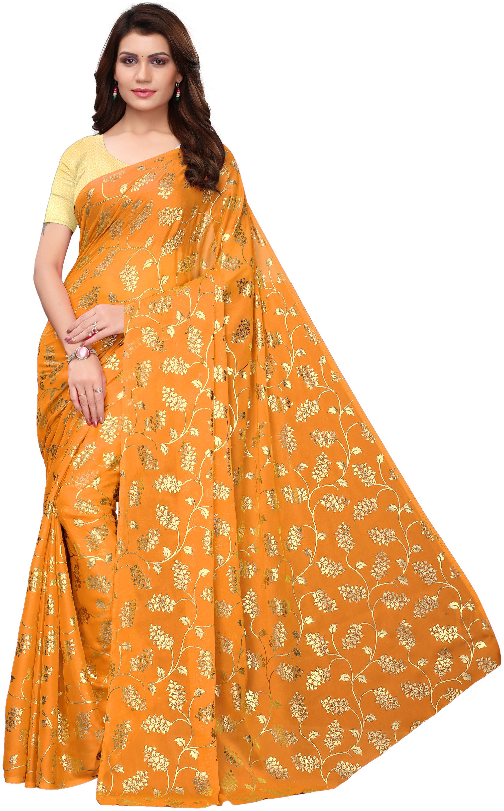 

Ishin Poly Georgette Yellow Foil Printed Women Saree