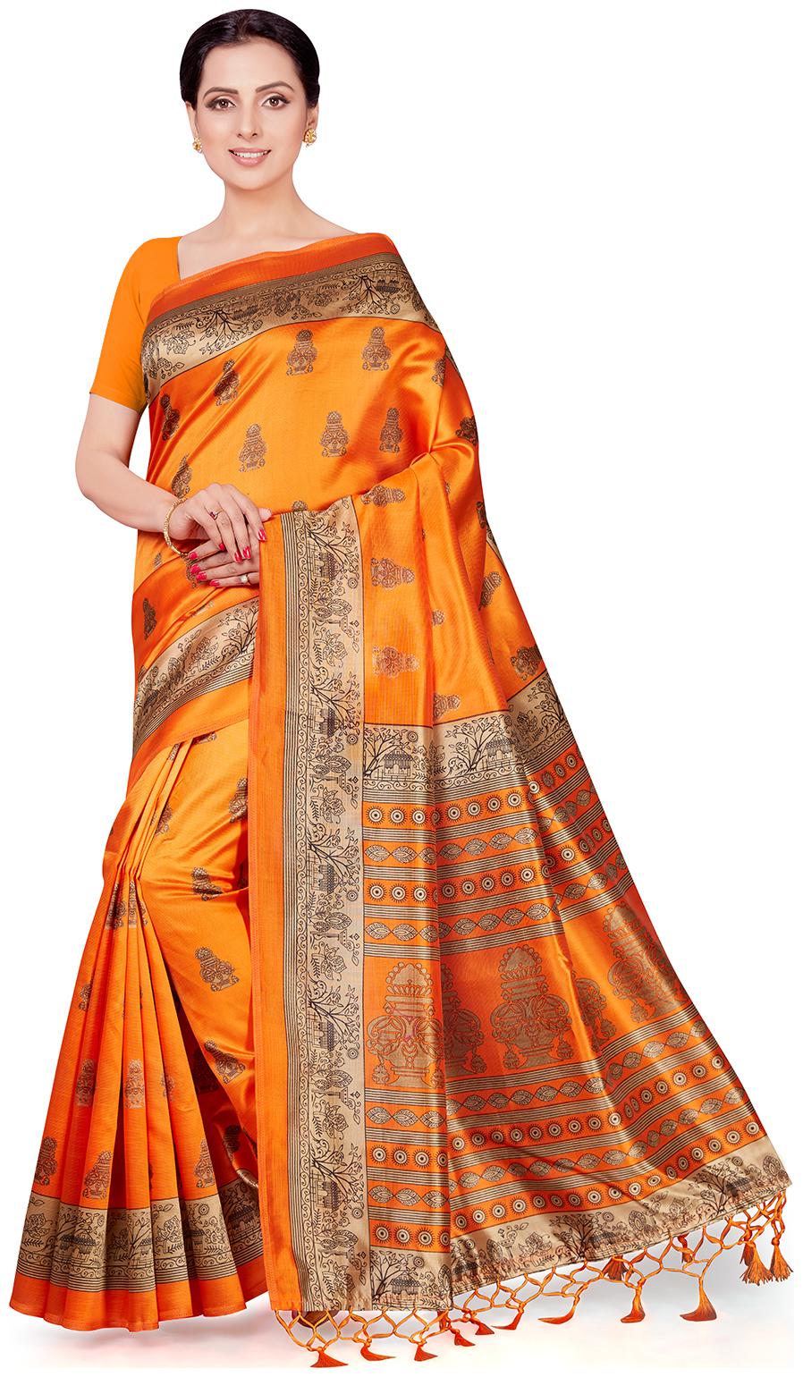 

Ishin Poly Silk Orange Printed Women Saree With Tassels