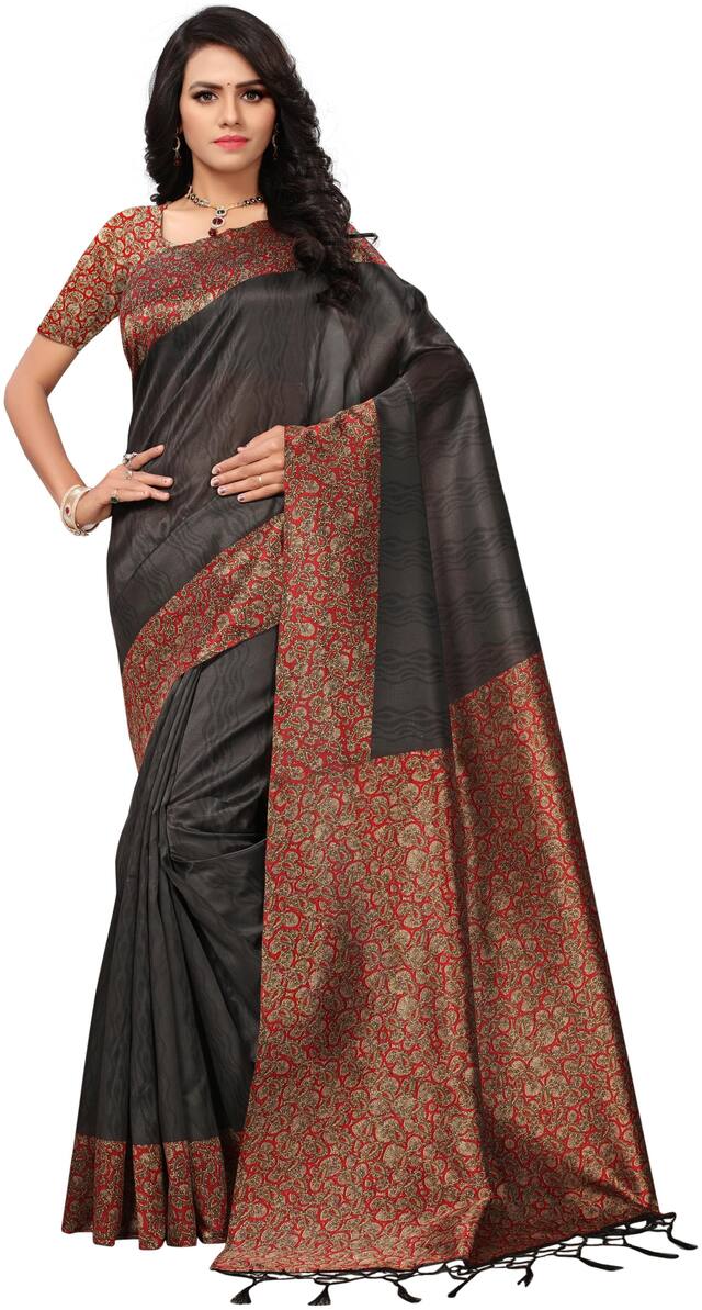 Ishin Poly Silk Black Printed Womens Saree With Tassels