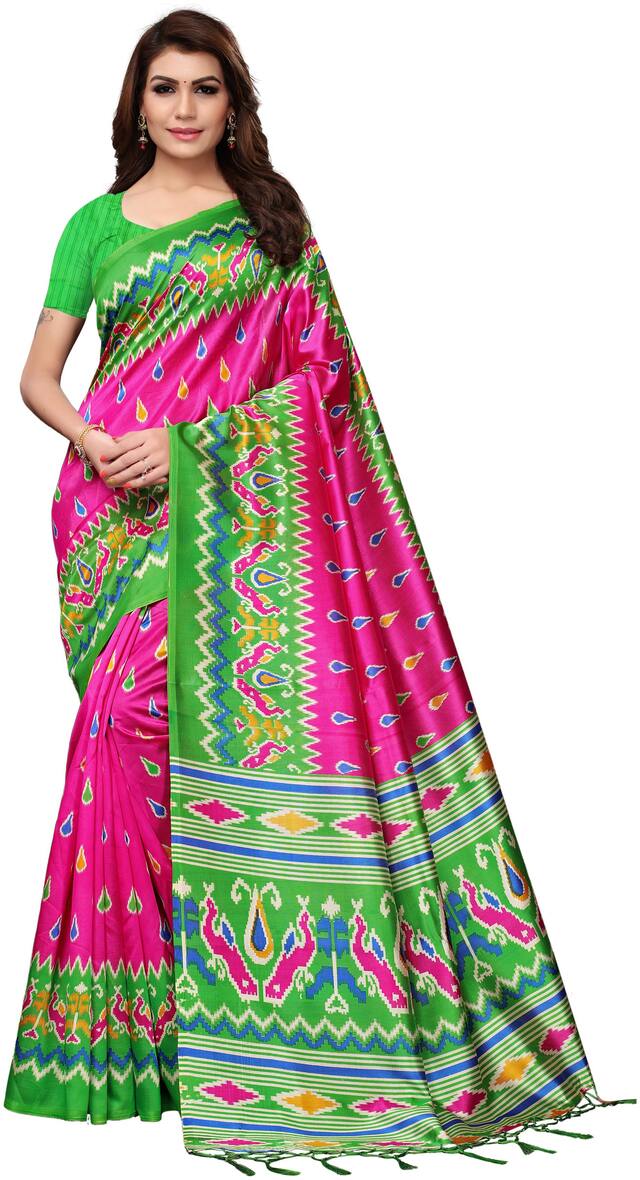 Ishin Poly Silk Pink & Green Printed Women Saree With Tassels