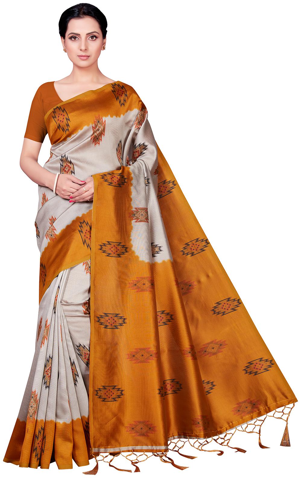 

Ishin Poly Silk Grey Mustard Printed Women Saree With Tassels