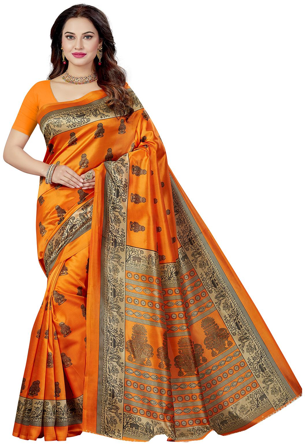 

Ishin Poly Silk Orange Printed Women Saree