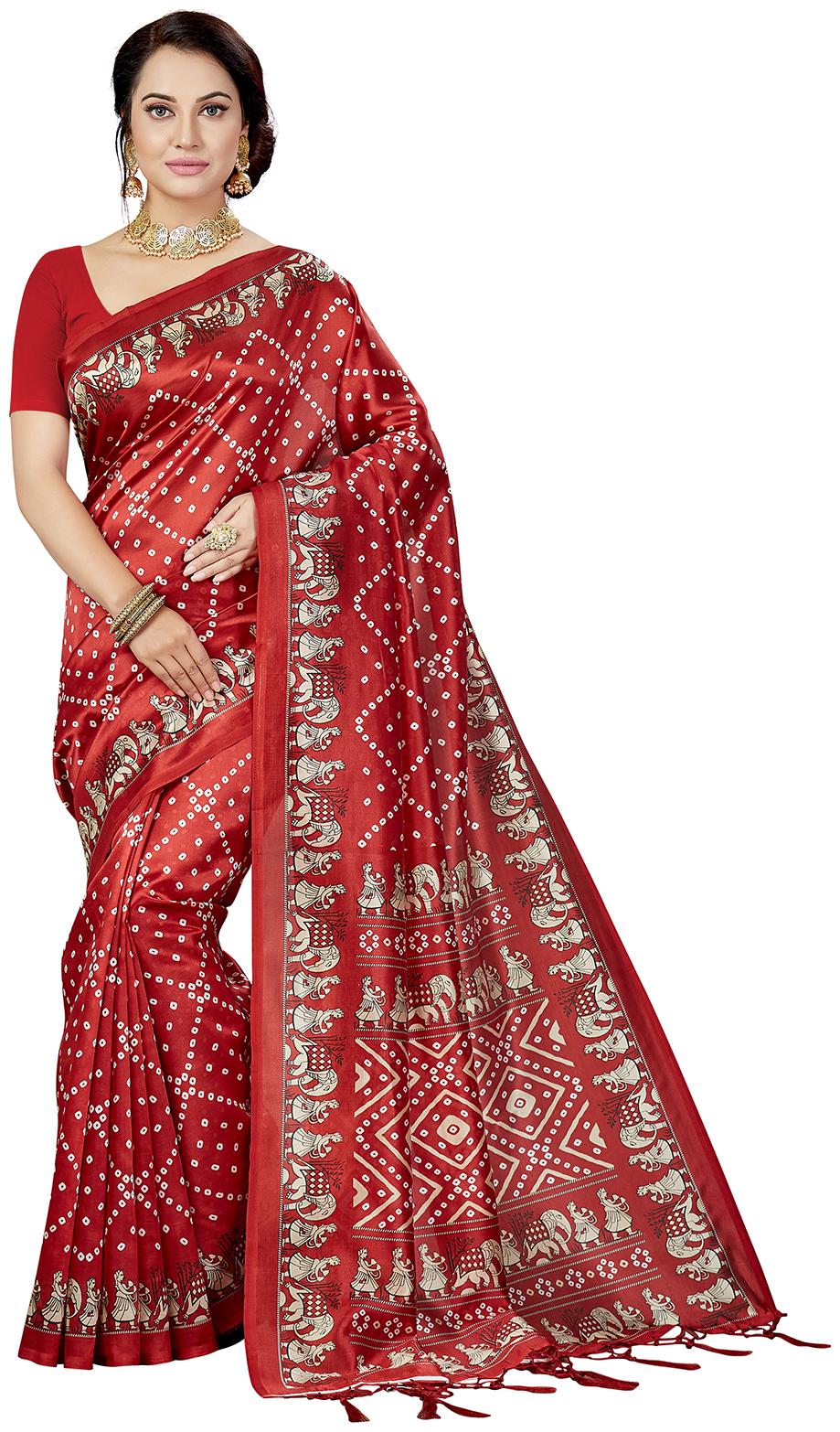 

Ishin Poly Silk Maroon Printed Women Saree With Tassels