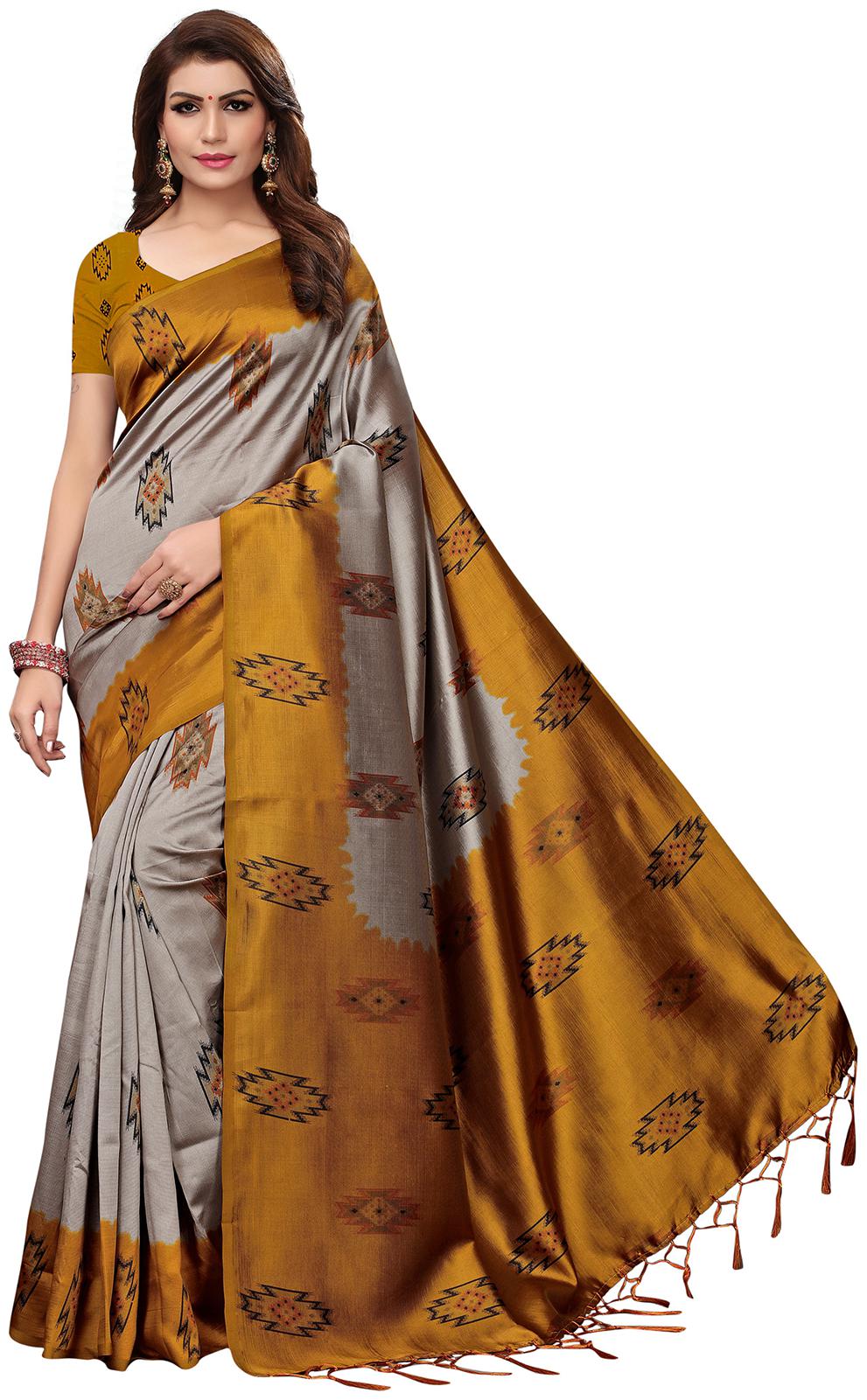 

Ishin Poly Silk Grey Printed Women Saree With Tassels