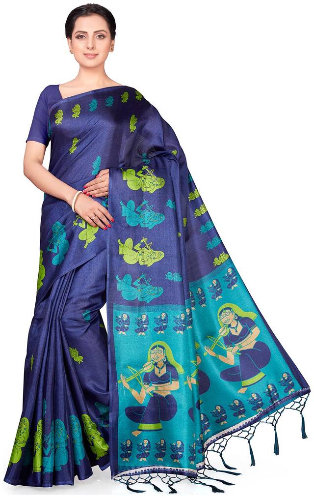 Ishin Poly Silk Navy Blue Printed Women Saree With Tassels
