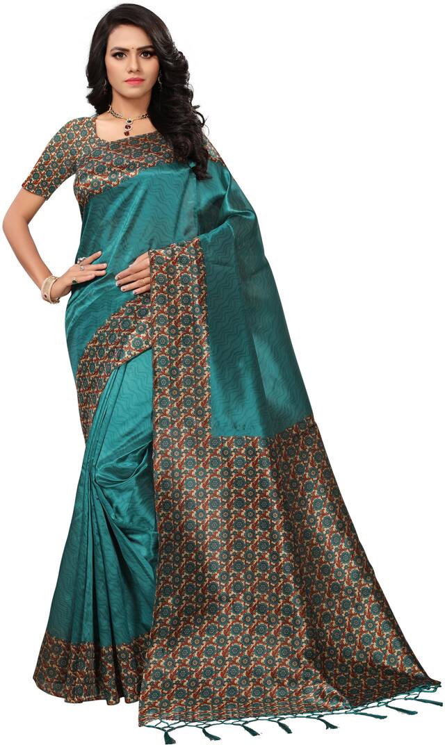 Ishin Poly Silk Blue Printed Womens Saree With Tassels