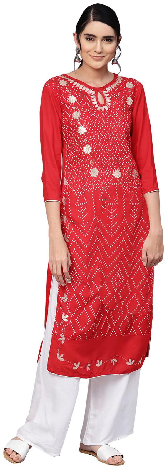 

Ishin Rayon Floral Red Kurta With Palazzo