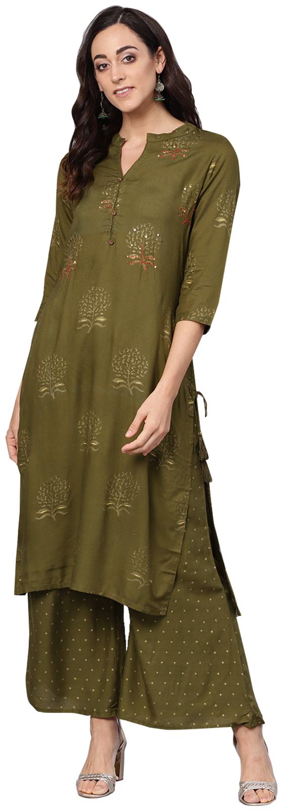 

Ishin Rayon Floral Green Kurta With Palazzo