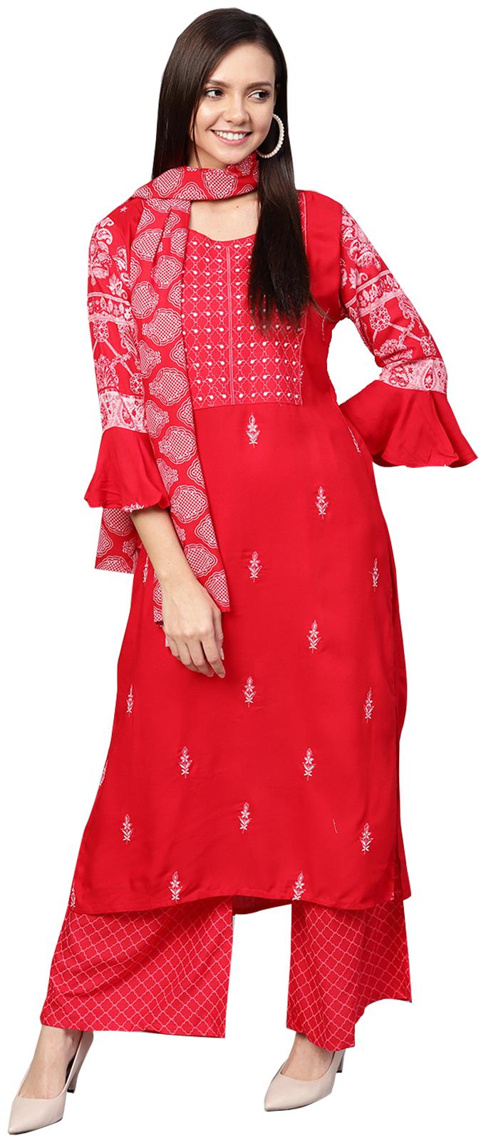 

Ishin Rayon Floral Red Kurta With Palazzo Dupatta