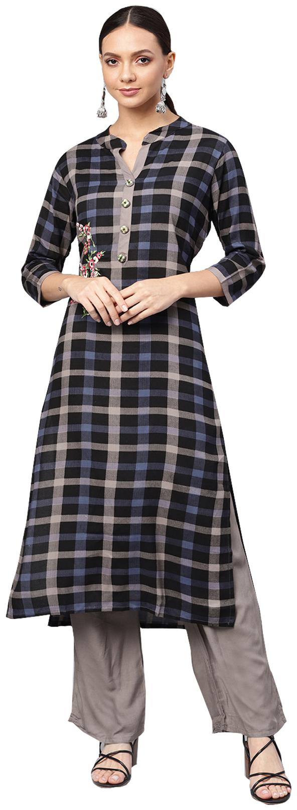 

Ishin Rayon Checked Black Kurta With Palazzo
