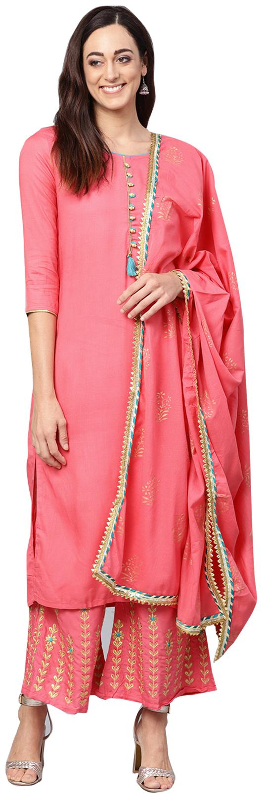 

Ishin Rayon Solid Pink Kurta With Palazzo Dupatta