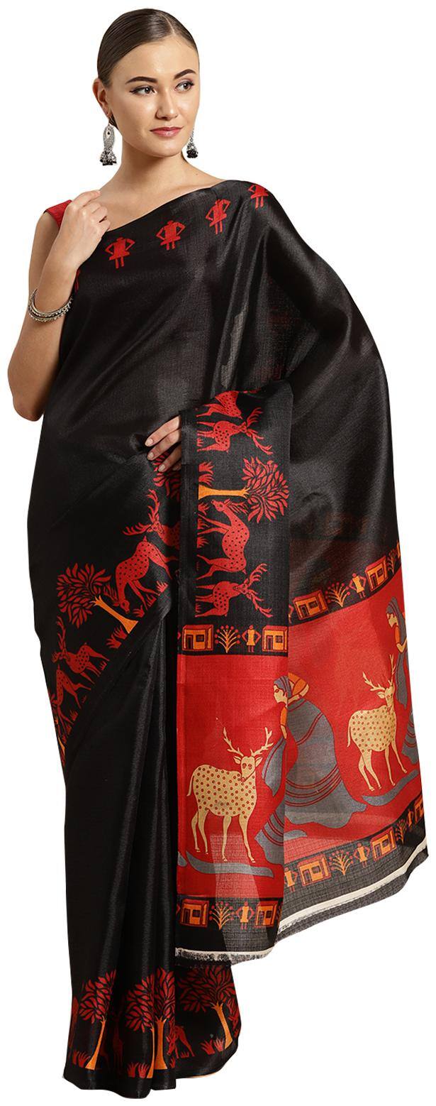 Ishin Silk Printed Dupion Designer Saree Black color