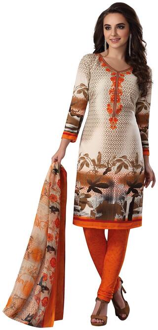 Ishin Synthetic Beige & Orange Party Wear Bollywood New Collection Printed Unstitched Salwar Suit Dress Material (Anarkali/Patiyala) With Dupatta