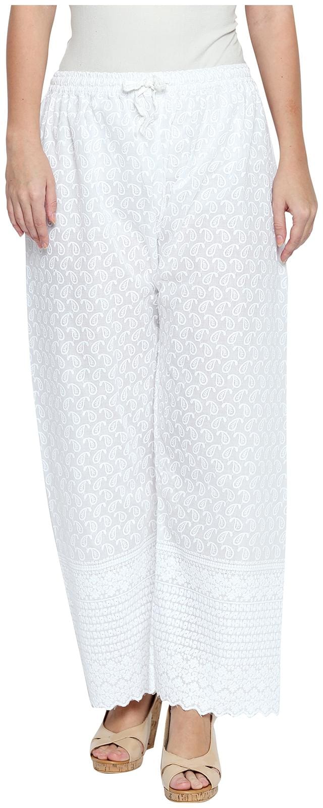 Ishin White Chikankari Solid Women's flared palazo