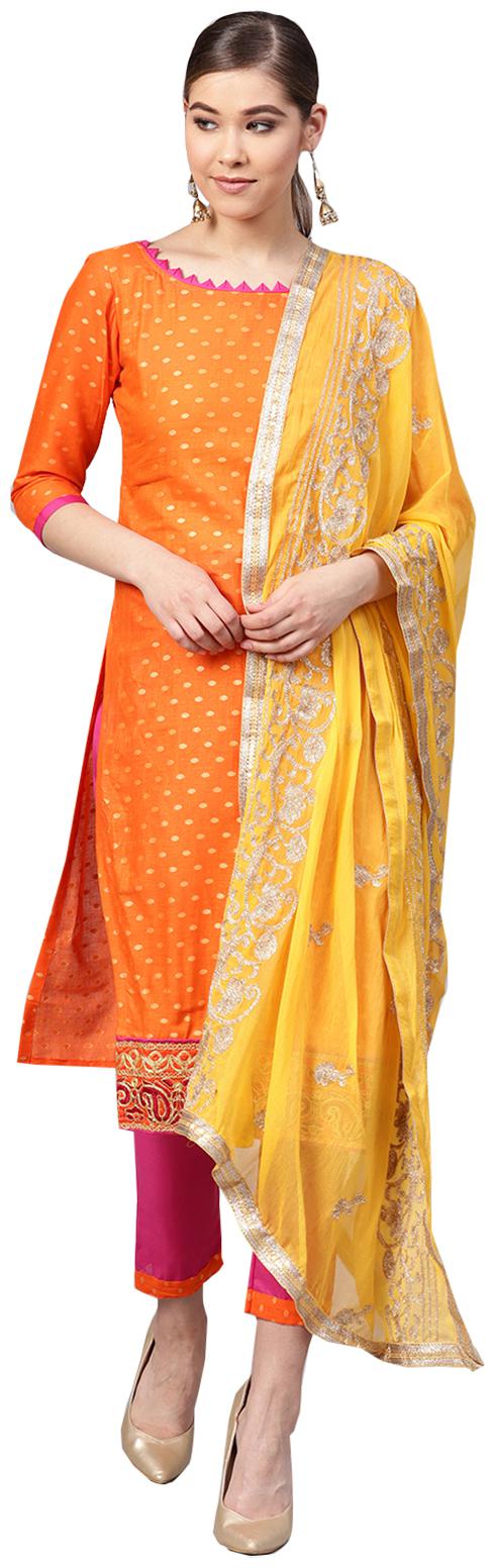 

Ishin Women Cotton Orange Pink Embroidered A-Line Kurta With Pant Dupatta