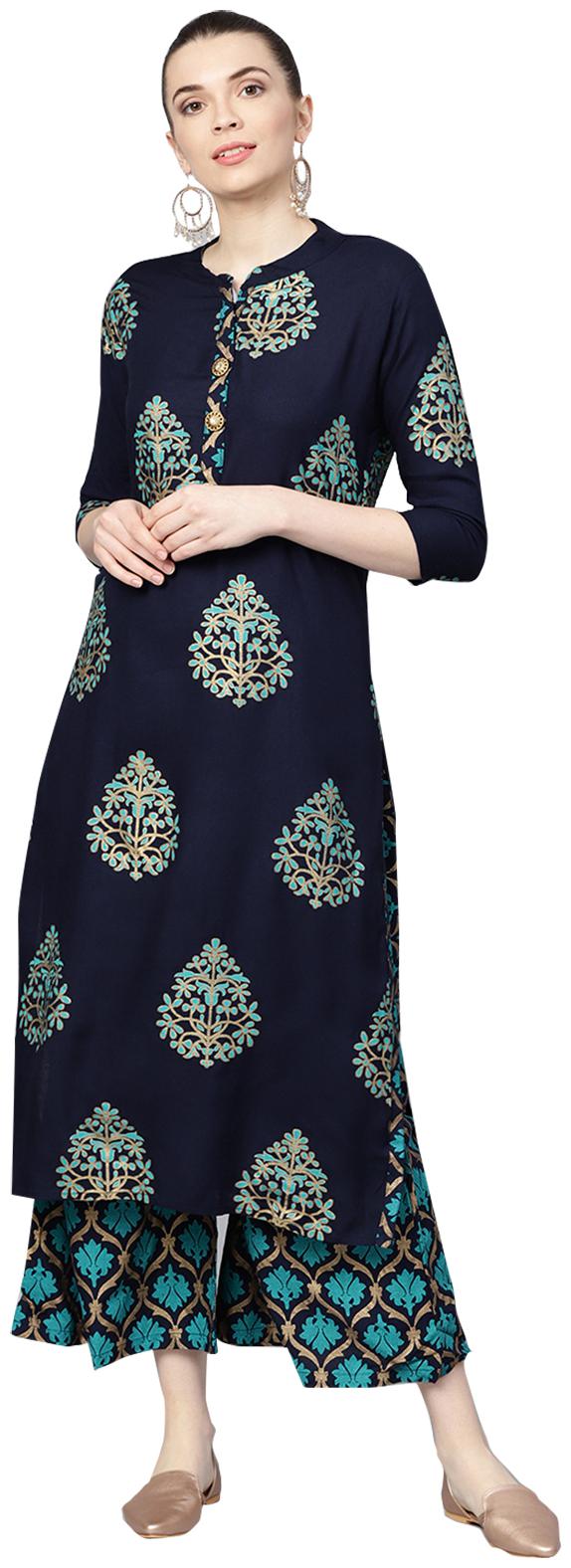 

Ishin Women Rayon Printed A-Line Kurta With Palazzo Blue Turquoise