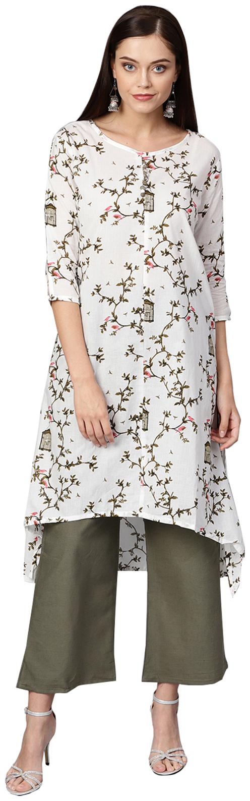 

Ishin Women Rayon Floral A-Line Kurta With Palazzo White Green