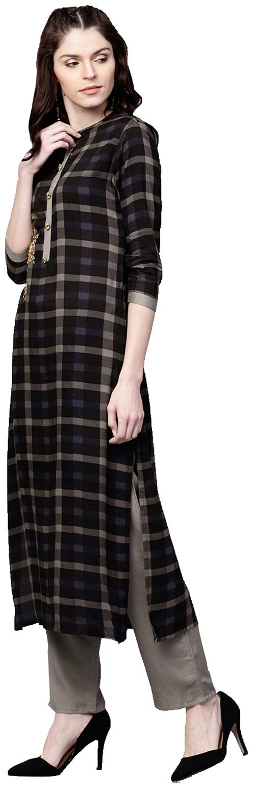 

Ishin Women Rayon Black Grey Printed A-Line Kurta Palazzo Set