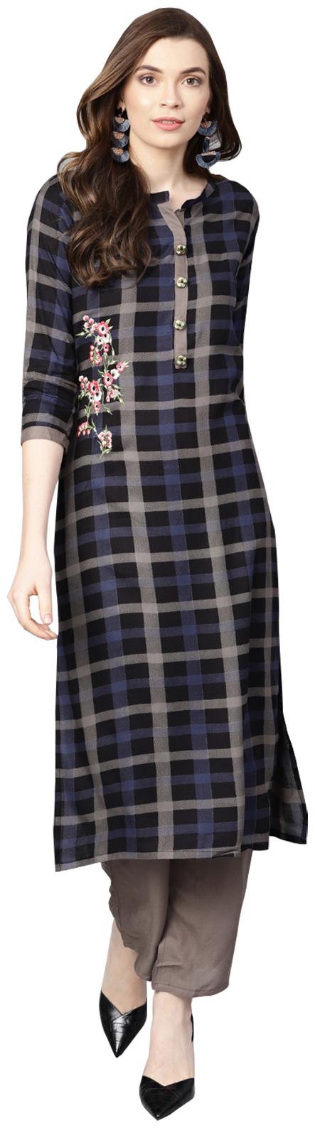 

Ishin Women Rayon Checked A-Line Kurta With Palazzo Blue Grey