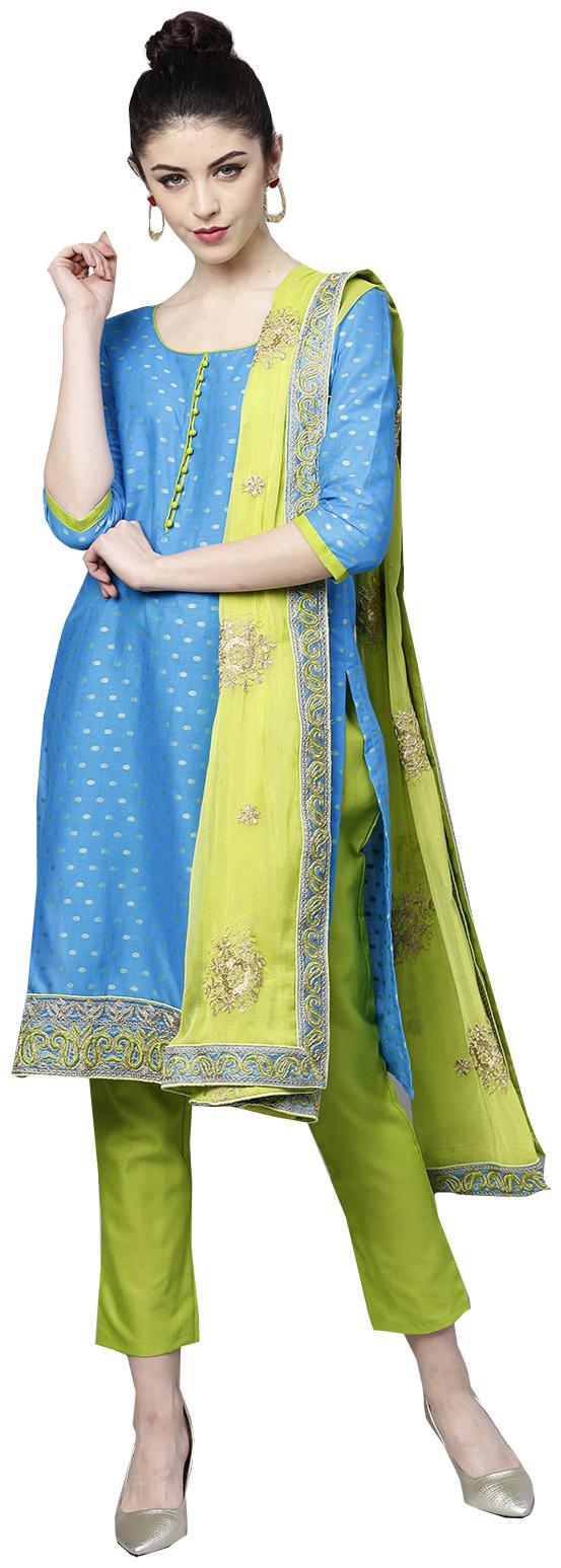 

Ishin Women Cotton Blue Embroidered A-Line Kurta With Pant Dupatta