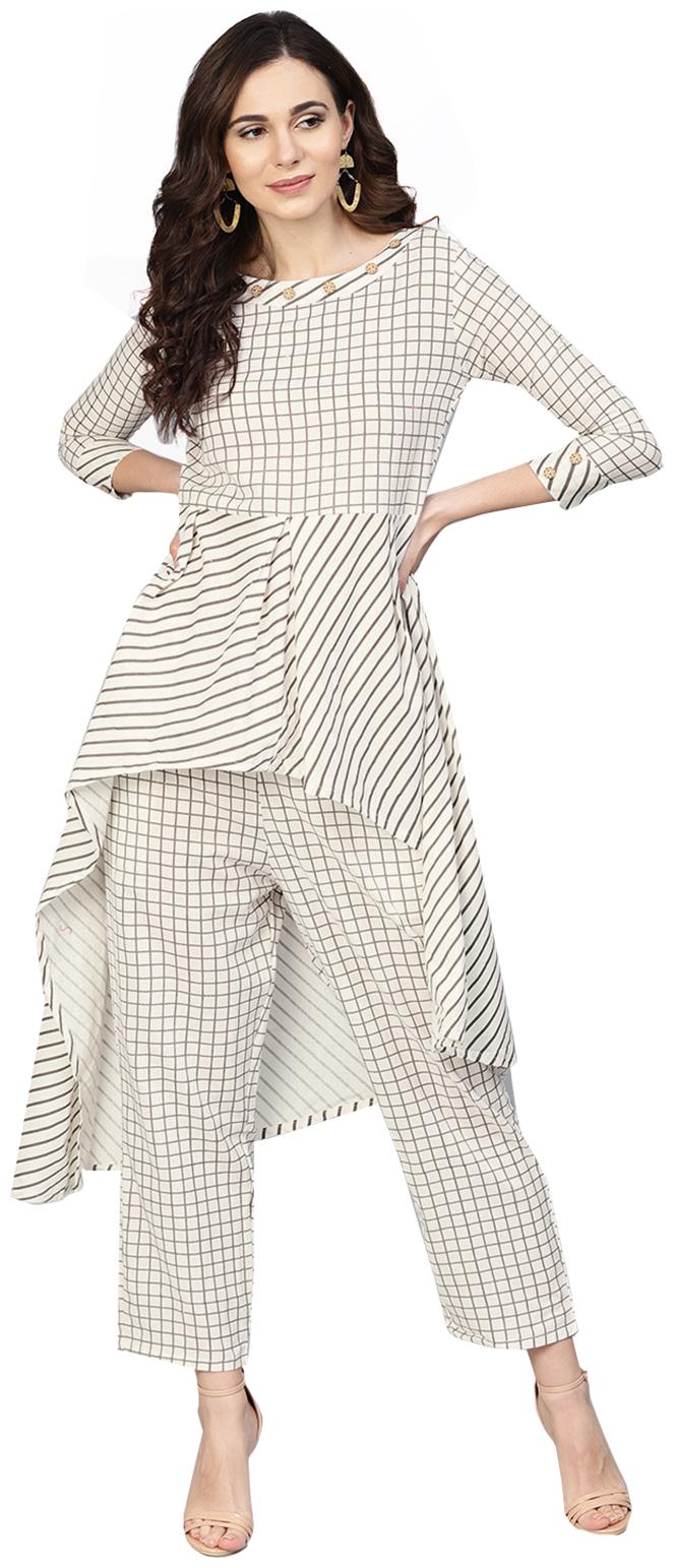 

Ishin Women Cotton Checked A-Line Kurta With Palazzo Cream