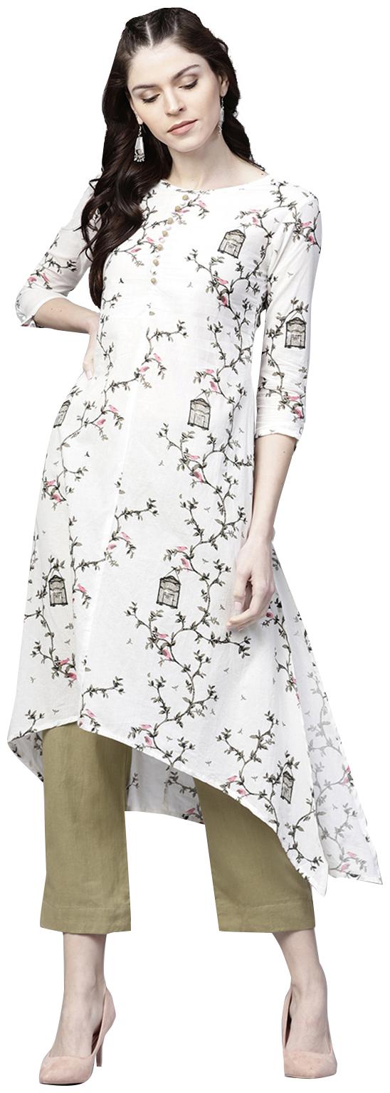 

Ishin Women s Rayon White Printed A-Line Kurta Palazzo Sets