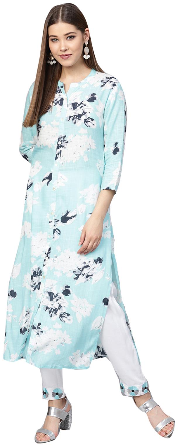 

Ishin Women Rayon Blue Printed A-Line Kurta Palazzo Set