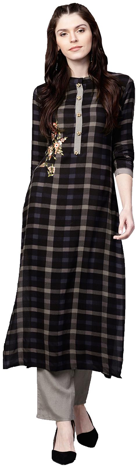 

Ishin Women Rayon Black Checked A-Line Kurta Palazzo Set