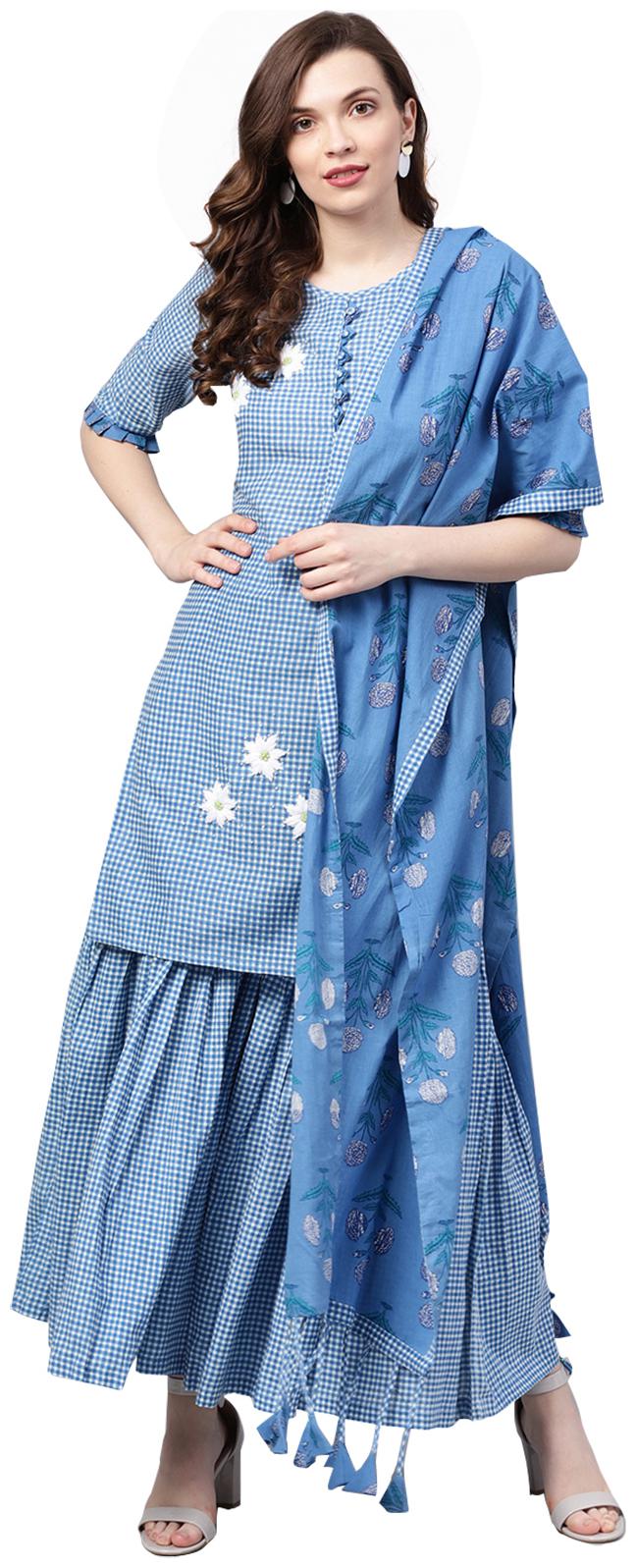 

Ishin Women Cotton Blue Checked A-Line Kurta Sharara Dupatta Set