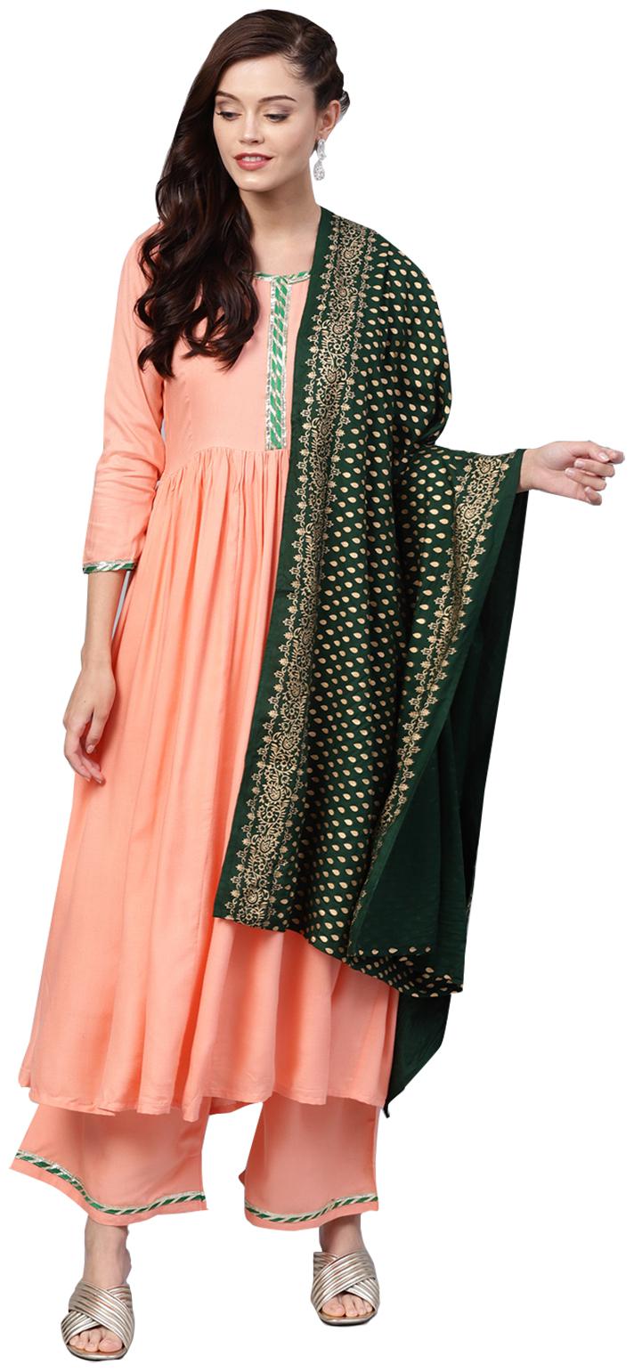 

Ishin Women Rayon Peach and green Solid Anarkali Kurta Palazzo Dupatta Set